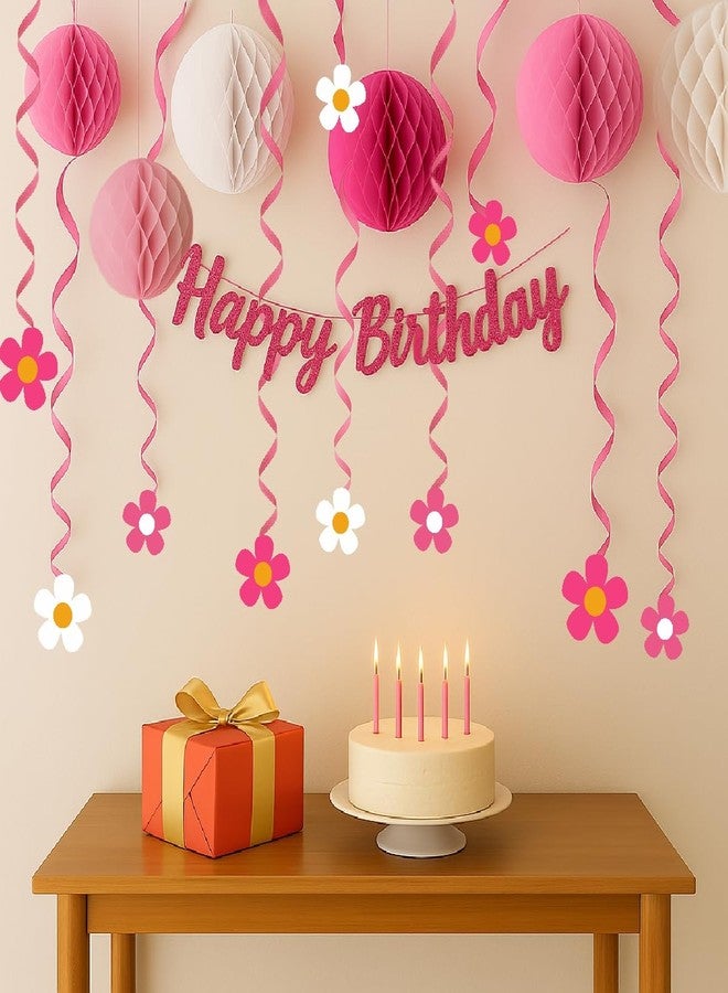 Untumble Pink Floral Birthday Party Decoration Kit | Cursive Bunting, Honeycomb Balls & Paper Swirls | Girls Birthday Decor | Set of 17 Pcs - Image 1