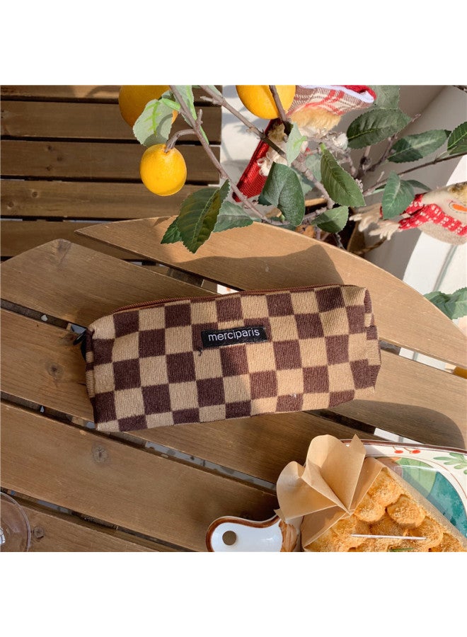 11271 Korean-style Corduroy Vintage Artistic Pencil Case Ins Japanese Student Canvas Cosmetic Bag Storage And Finishing Bag-Color:Dark Brown Lattice - Image 1