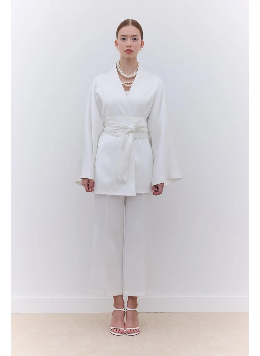 Manuka Satin Belted Kimono Ecru