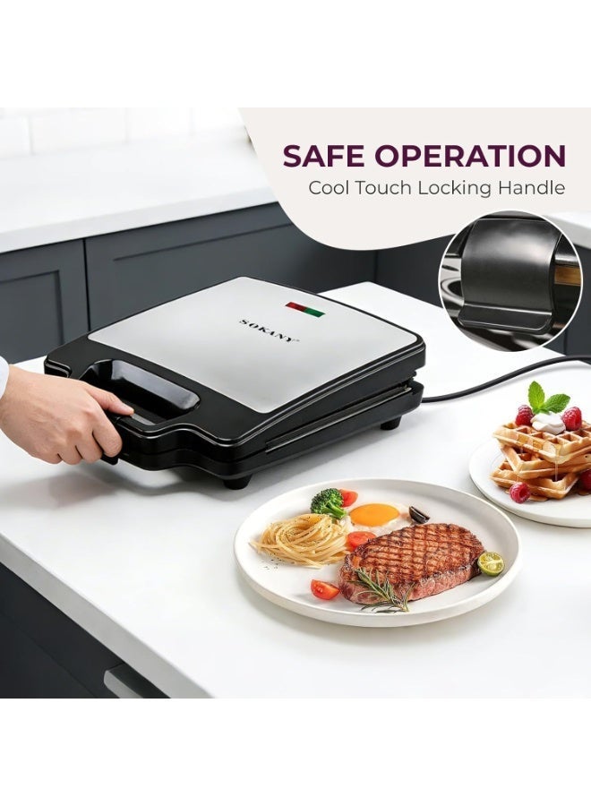 sokany Sandwich Maker 1400W 3in1 Versatile Interchangeable Grill and Making Breakfast Food Waffle Plates 2 Slice Non-stick Grill with Handle Locking, Overheat Protection - Image 3