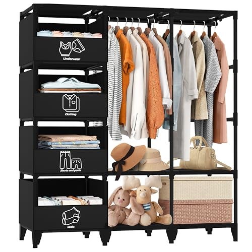 Jofuler Portable Closet Easy Assembly Large Capacity Wardrobe Closet Sturdy and Stable Clothes Rack with Shelves 4 Storage Baskets and 2 Hanging Rods for Bedroom and Cloakroom Black - Image 1