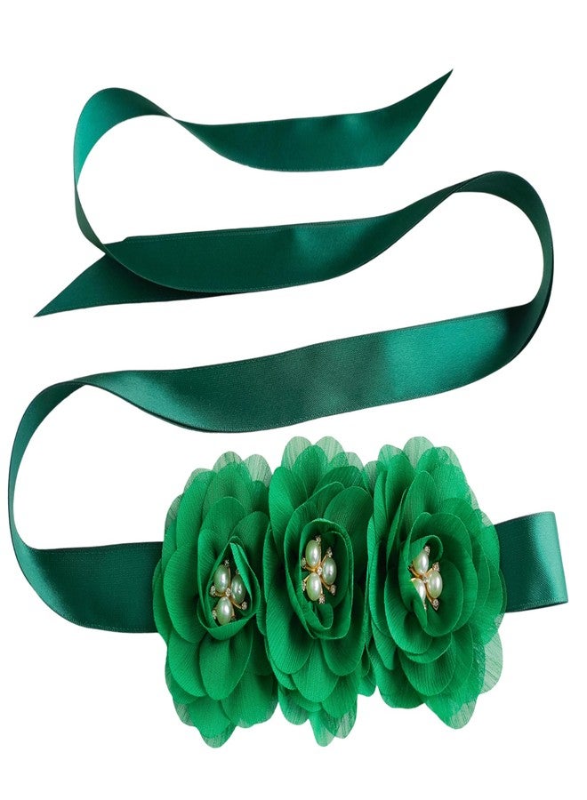 Oyabridal Hunter Green Chiffon Flower Girl Sash Belt,Pearls Sash Beltsfor Bridesmaid Dresses (Hunter Green) - Image 1