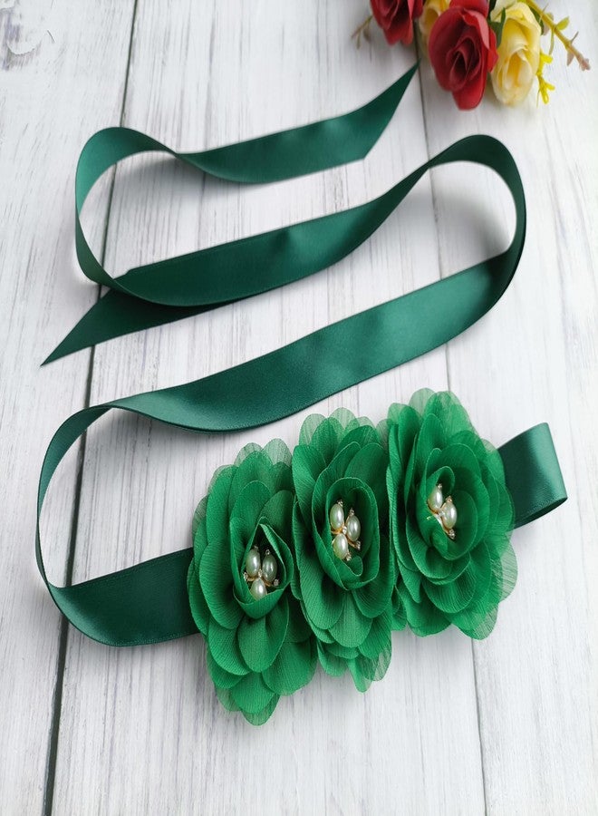 Oyabridal Hunter Green Chiffon Flower Girl Sash Belt,Pearls Sash Beltsfor Bridesmaid Dresses (Hunter Green) - Image 5