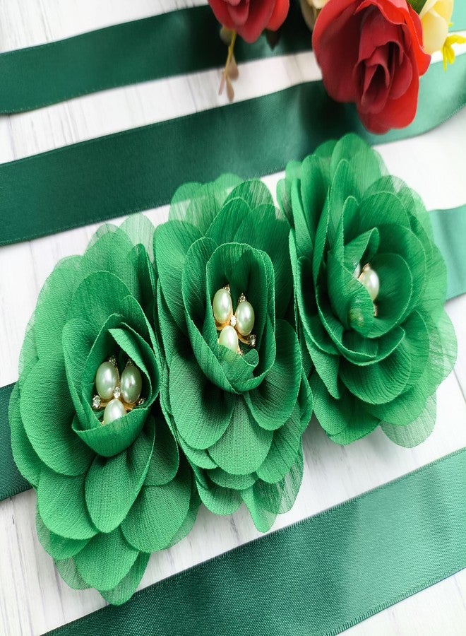 Oyabridal Hunter Green Chiffon Flower Girl Sash Belt,Pearls Sash Beltsfor Bridesmaid Dresses (Hunter Green) - Image 3