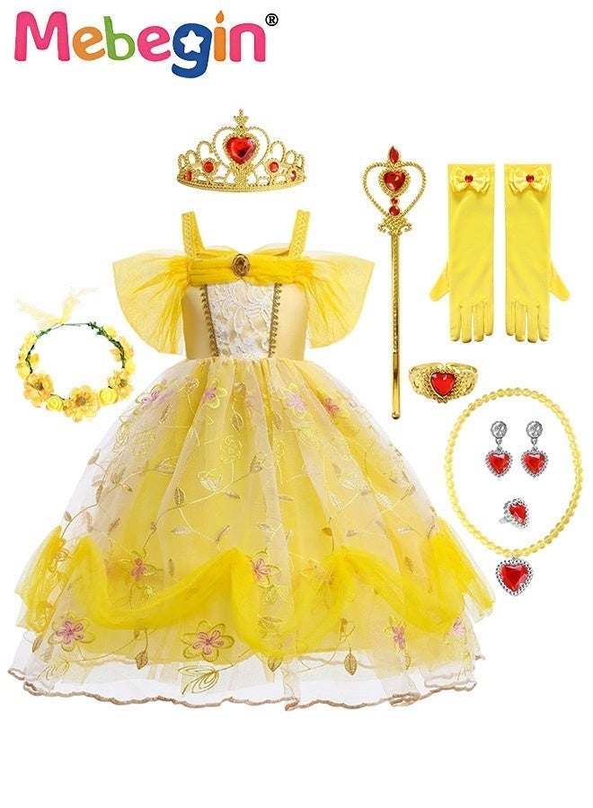 MEBEGIN Girls Stylish Tutu Dress Set with Wand, Gloves, Garland and Jewelry, Fancy Elegant Princess Dress with Floral Embroidery, Off Shoulder Tulle Dress for Girls, Suitable for Party, Birthday, Funfair, Stage Performance, Cosplay and Any Other Special Occasions - Image 1