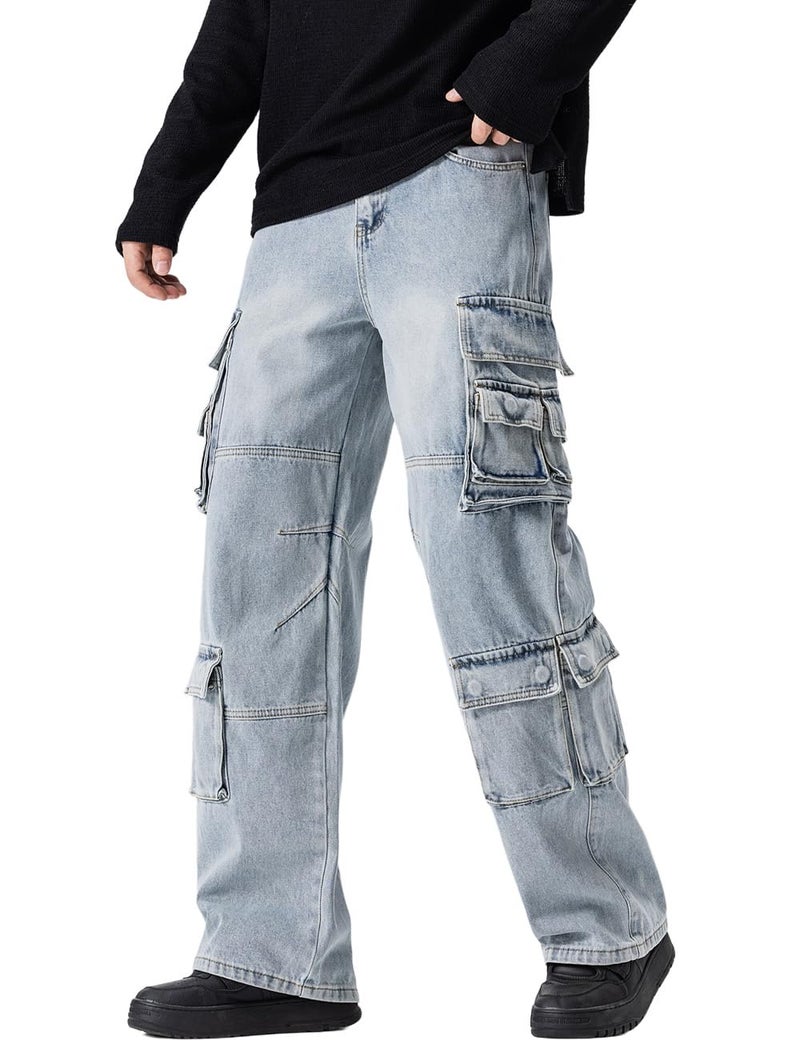 Rexcyril Men's Baggy Cargo Jeans Wide Leg Hip Hop Casual Denim Pants Loose Fit Multi-Pockets Trousers Streetwear, A Blue, 32 - Image 1