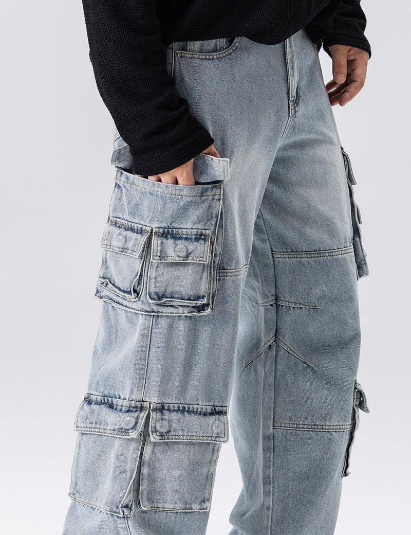 Rexcyril Men's Baggy Cargo Jeans Wide Leg Hip Hop Casual Denim Pants Loose Fit Multi-Pockets Trousers Streetwear, A Blue, 32 - Image 3