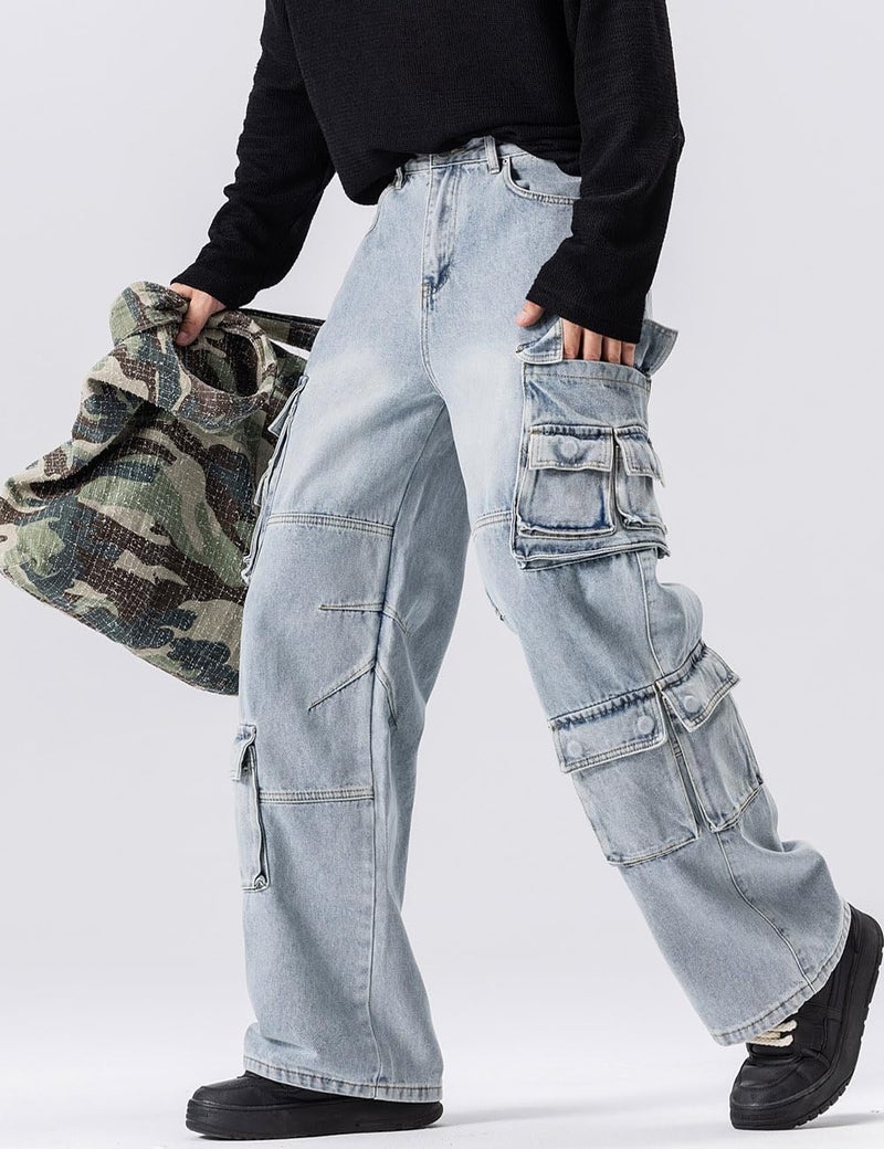 Rexcyril Men's Baggy Cargo Jeans Wide Leg Hip Hop Casual Denim Pants Loose Fit Multi-Pockets Trousers Streetwear, A Blue, 32 - Image 4