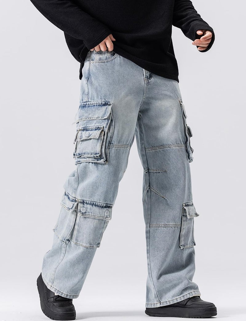 Rexcyril Men's Baggy Cargo Jeans Wide Leg Hip Hop Casual Denim Pants Loose Fit Multi-Pockets Trousers Streetwear, A Blue, 32 - Image 2
