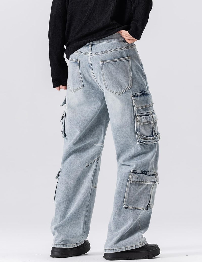 Rexcyril Men's Baggy Cargo Jeans Wide Leg Hip Hop Casual Denim Pants Loose Fit Multi-Pockets Trousers Streetwear, A Blue, 32 - Image 5