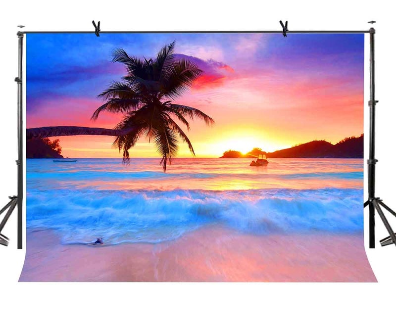 Beach Backdrop Seaside Palm Tree Sunset Photography Backdrop Vacation Photo Background Props