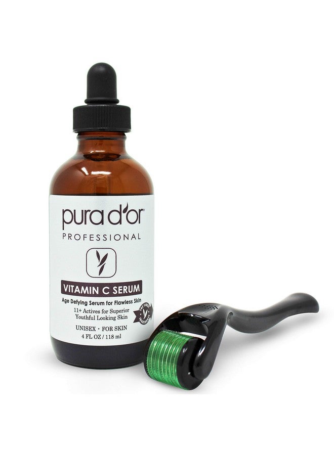 Pura d'or مصل فيتامين سي بنسبة 25% (قيمة 4 أونصات؛ مجموعة) حمض الهيالورونيك والريتينول + ديرما رولر 0.25 مم مجموعة مستحضرات العناية بالبشرة للوجه والعينين والبقع الداكنة وحب الشباب والتجاعيد للرجال والنساء - Image 1