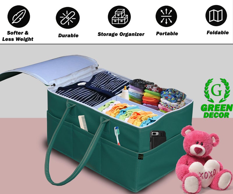 GREEN DECOR -Rexine Leather Fabric Cute Diaper Caddy Bag with Handles & Zip Lock for Smart Mothers Baby Diaper Caddy Wipes Storage Organizers,Foldable and Portable (Teal Blue Color -18X12X9 Inch) - Image 5
