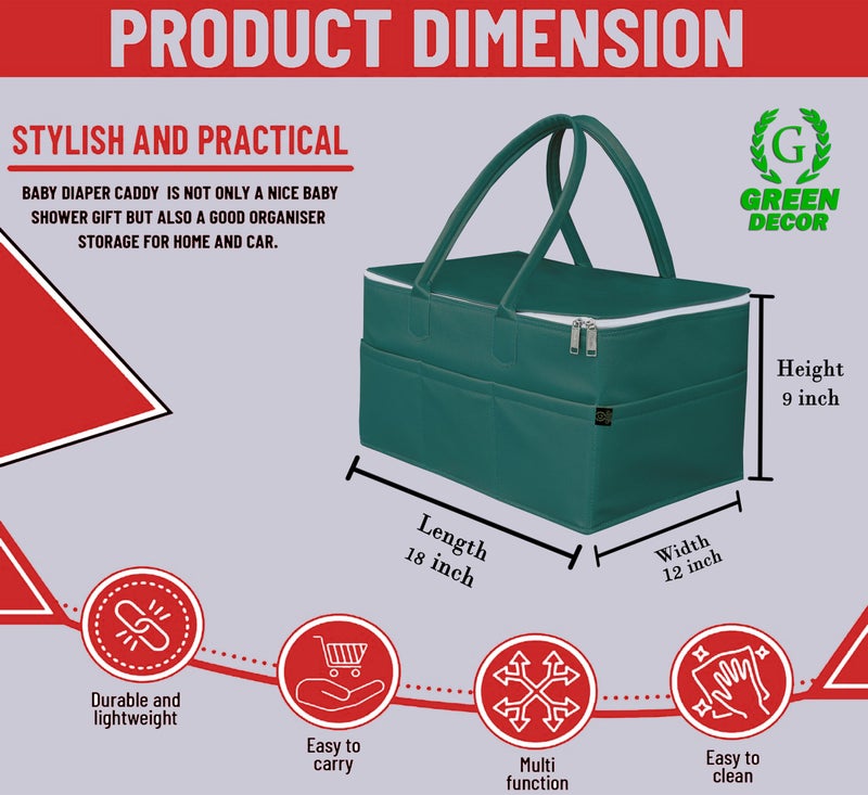 GREEN DECOR -Rexine Leather Fabric Cute Diaper Caddy Bag with Handles & Zip Lock for Smart Mothers Baby Diaper Caddy Wipes Storage Organizers,Foldable and Portable (Teal Blue Color -18X12X9 Inch) - Image 2