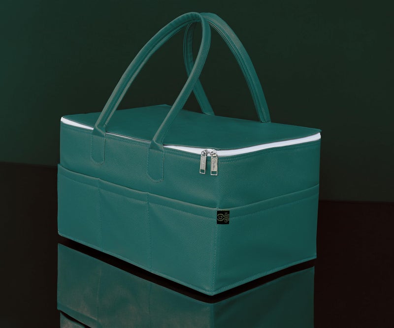 GREEN DECOR -Rexine Leather Fabric Cute Diaper Caddy Bag with Handles & Zip Lock for Smart Mothers Baby Diaper Caddy Wipes Storage Organizers,Foldable and Portable (Teal Blue Color -18X12X9 Inch) - Image 1