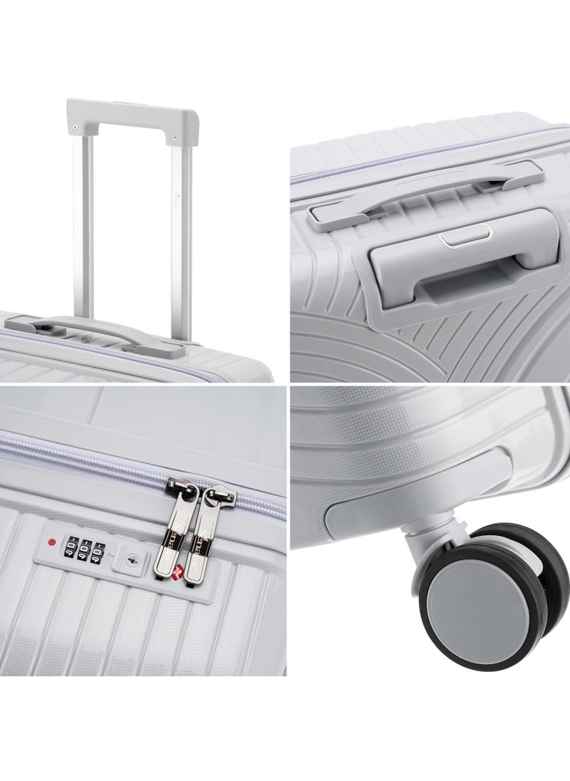 Unisex Hard Case Carry On Luggage Lightweight PP Fashion Trolley Luggage with 360° Degree 4 Twin Wheel and Safe Zippers KH1010 Light Grey