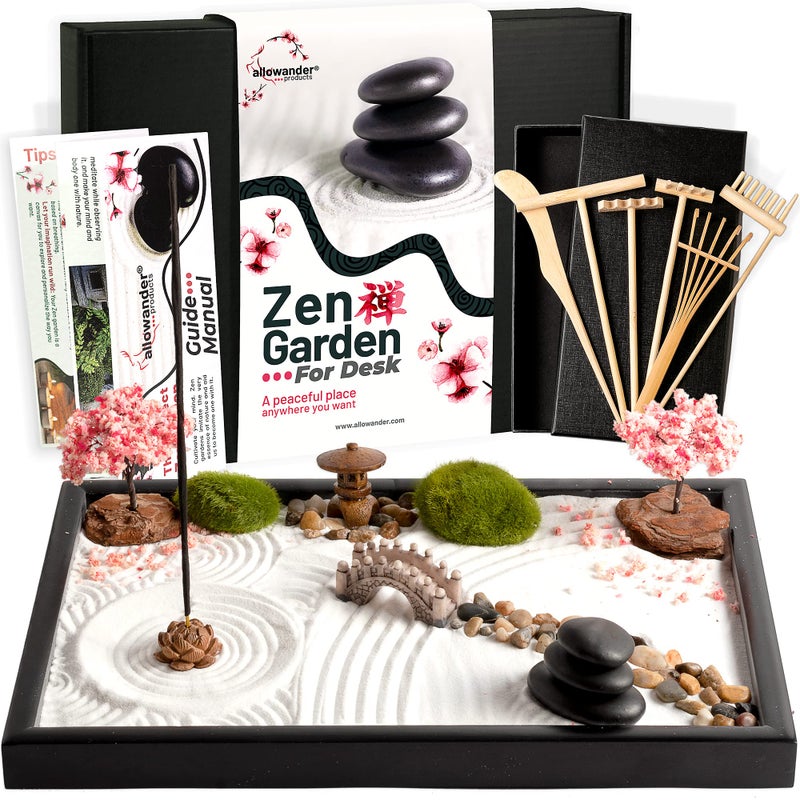 allowander Zen Garden Kit for Desk 12x8in Sand Tray, Japanese Gift Set 14 Accessories and 6 Tools, Meditation Mini Zen Garden, Zen Sand Garden, Home Office Desk Decorations, Therapy Kit, Rock Decor - Image 1