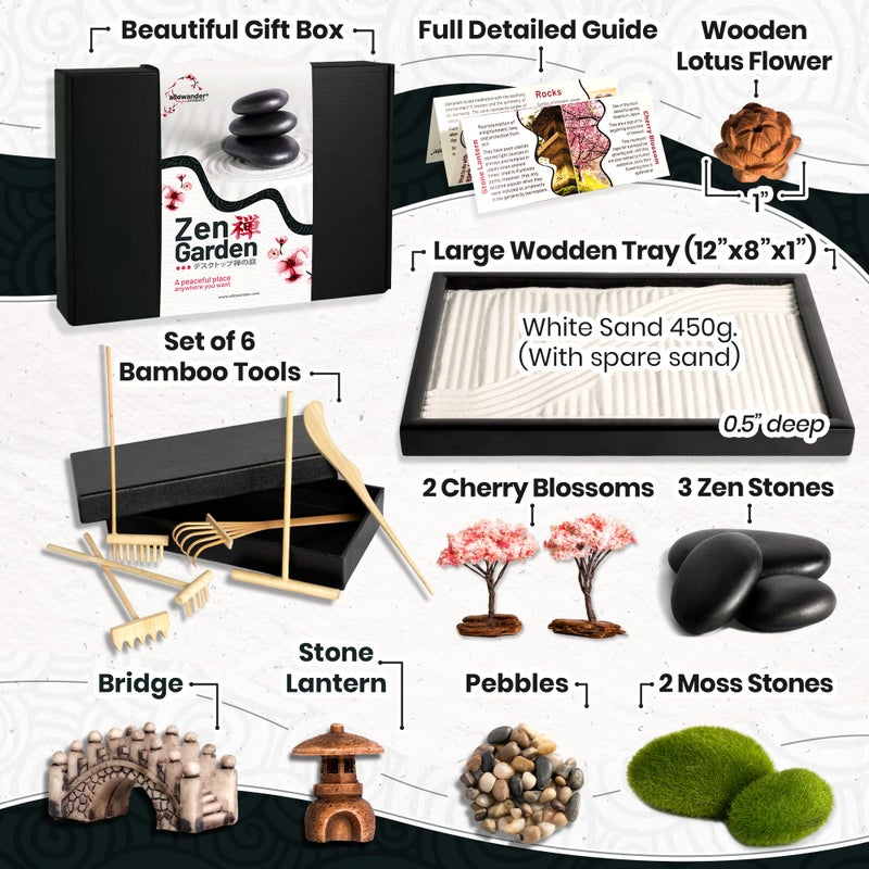 allowander Zen Garden Kit for Desk 12x8in Sand Tray, Japanese Gift Set 14 Accessories and 6 Tools, Meditation Mini Zen Garden, Zen Sand Garden, Home Office Desk Decorations, Therapy Kit, Rock Decor - Image 3