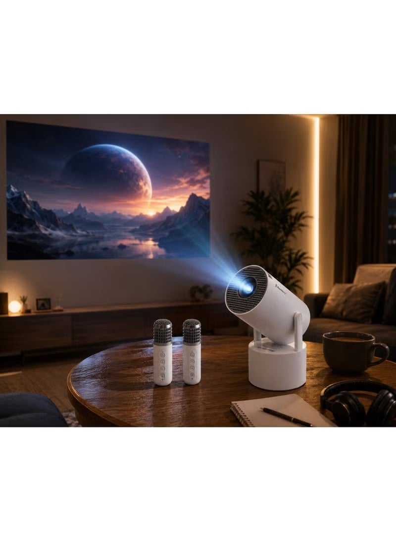 سمارت باري جهاز العرض المحمول HT88PRO مزود بميكروفونين ومكبر صوت ستيريو مدمج، دقة أصلية 720P، سطوع 160 لومن (ANSI)، إمكانية تدوير العرض بزاوية 180 درجة، دعم شبكة WiFi 6 (تردد 5 جيجاهرتز)، منافذ HDMI وUSB، وتجربة ترفيه منزلي بشاشة كبيرة. - Image 4