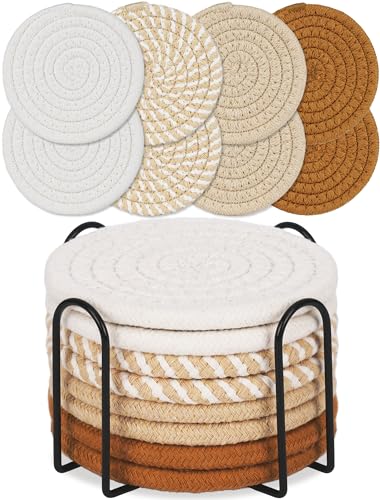 Adorever 8 Pcs Drink Coasters with Holder, Boho Minimalist Cotton Woven Coasters Set for Drinks Absorbent Coffee Table Home Decor Bar Tabletop Protection, Suitable for Kinds of Cups 4.3 Inch - Image 1