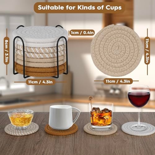 Adorever 8 Pcs Drink Coasters with Holder, Boho Minimalist Cotton Woven Coasters Set for Drinks Absorbent Coffee Table Home Decor Bar Tabletop Protection, Suitable for Kinds of Cups 4.3 Inch - Image 2
