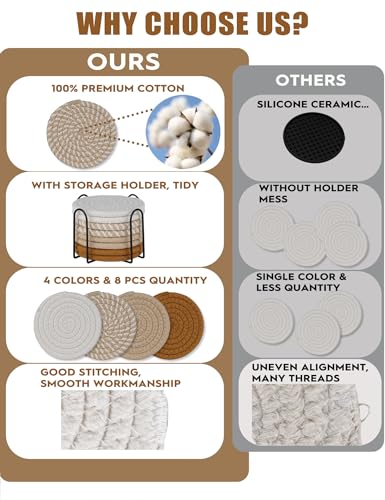 Adorever 8 Pcs Drink Coasters with Holder, Boho Minimalist Cotton Woven Coasters Set for Drinks Absorbent Coffee Table Home Decor Bar Tabletop Protection, Suitable for Kinds of Cups 4.3 Inch - Image 5