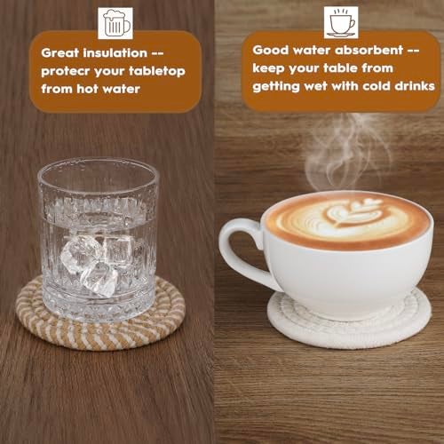 Adorever 8 Pcs Drink Coasters with Holder, Boho Minimalist Cotton Woven Coasters Set for Drinks Absorbent Coffee Table Home Decor Bar Tabletop Protection, Suitable for Kinds of Cups 4.3 Inch - Image 3