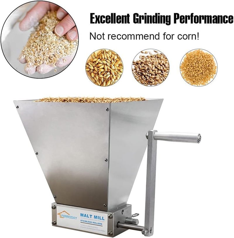 Ferroday Malted Grain Mill Malt Stainless Steel 2 Roller Malt Mill Homebrew Malted Grain Crusher Manual Grain Mill Slow Drill Available Malt Crusher Adjustable Gap Malted Barley Grinder - No Base Type - Image 5