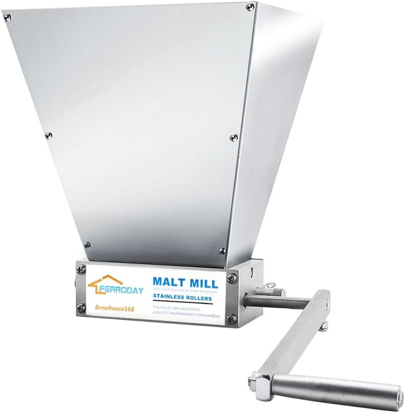 Ferroday Malted Grain Mill Malt Stainless Steel 2 Roller Malt Mill Homebrew Malted Grain Crusher Manual Grain Mill Slow Drill Available Malt Crusher Adjustable Gap Malted Barley Grinder - No Base Type - Image 1