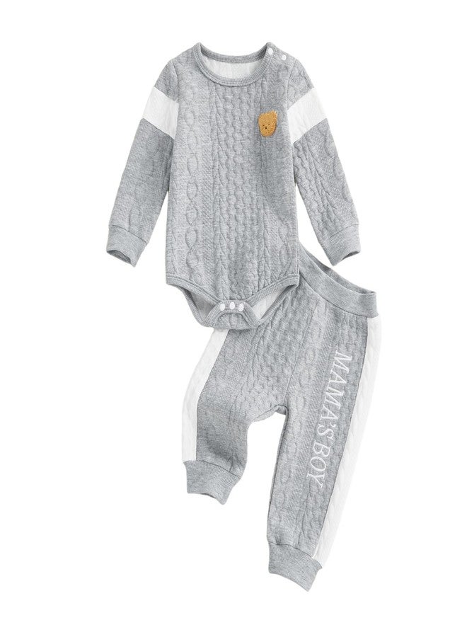 SAYOO Infant Baby Boy Clothes 3 6 12 18 Months Fall Winter Outfit Bear Romper Mama's Boy Embroidery Pants 2Pcs Tracksuit (Grey, 6-9 Months) - Image 1