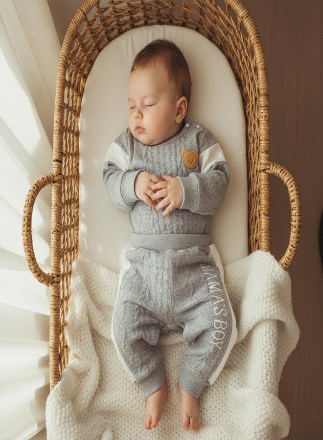 SAYOO Infant Baby Boy Clothes 3 6 12 18 Months Fall Winter Outfit Bear Romper Mama's Boy Embroidery Pants 2Pcs Tracksuit (Grey, 6-9 Months) - Image 3