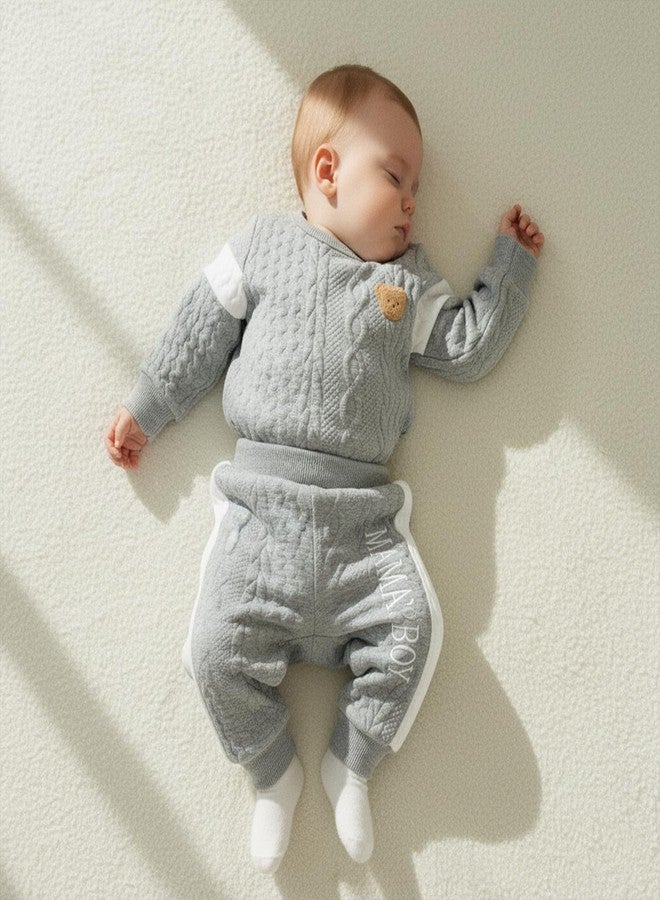 SAYOO Infant Baby Boy Clothes 3 6 12 18 Months Fall Winter Outfit Bear Romper Mama's Boy Embroidery Pants 2Pcs Tracksuit (Grey, 6-9 Months) - Image 5