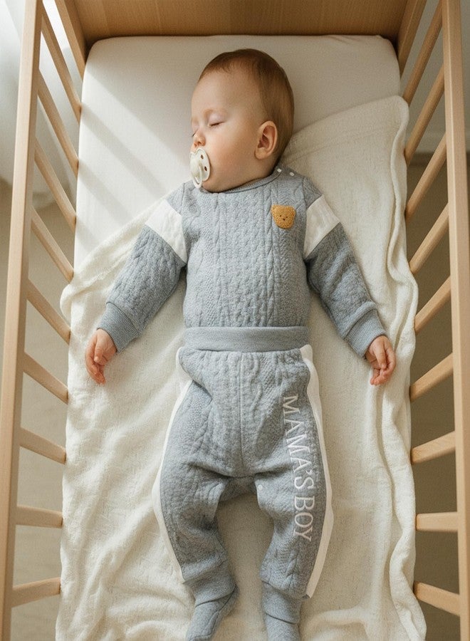 SAYOO Infant Baby Boy Clothes 3 6 12 18 Months Fall Winter Outfit Bear Romper Mama's Boy Embroidery Pants 2Pcs Tracksuit (Grey, 6-9 Months) - Image 4