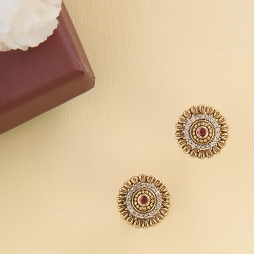 TARINIKA Gold-Plated Flower Theme Stud Earrings for Women Antique Brass Alloy Cubic Zirconia(CZ) Gemstone Traditional Fashion Jewelry Gift for her Style 7 - Image 2