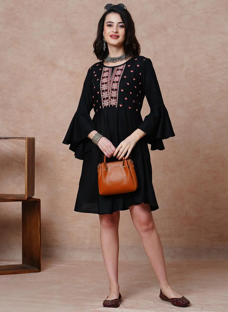 globus Globus Women Black Ethnic Motifs Embroidered Bell Sleeves A-Line Ethnic Dress