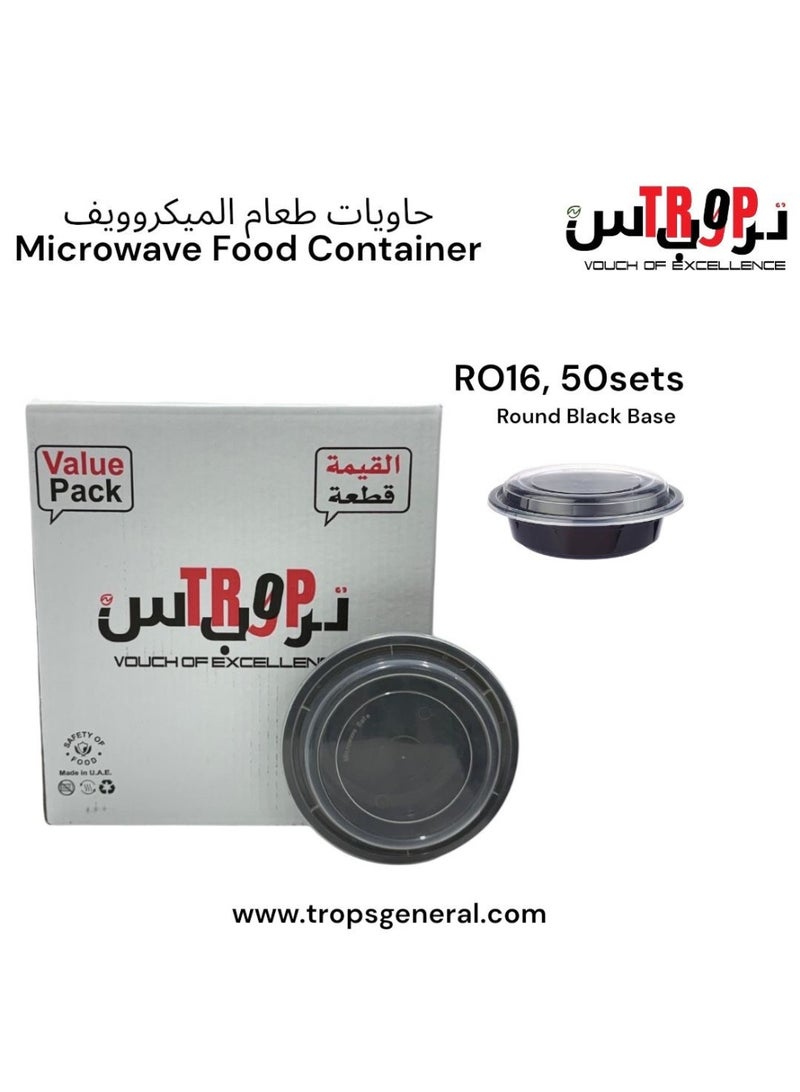 TROPS Disposable Microwaveable Round Black Base Container with Clear Lid (RO-16). (50 PCS , Black, 16 Ounce- 470 ml) - Image 1
