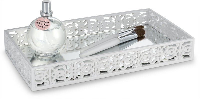 Creative Scents Creative Scents Mirror Janette White Vanity Tray for Bathroom  Small Rectangle Makeup  Perfume Tray for Counter and Dresser  Decorative Tray with Mirror Design  White Bathroom Accessories 