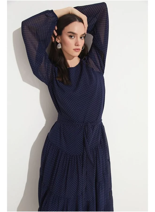 JUNE June Polka Dot Chiffon Dress Navy