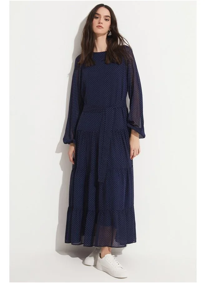 جون June Polka Dot Chiffon Dress Navy