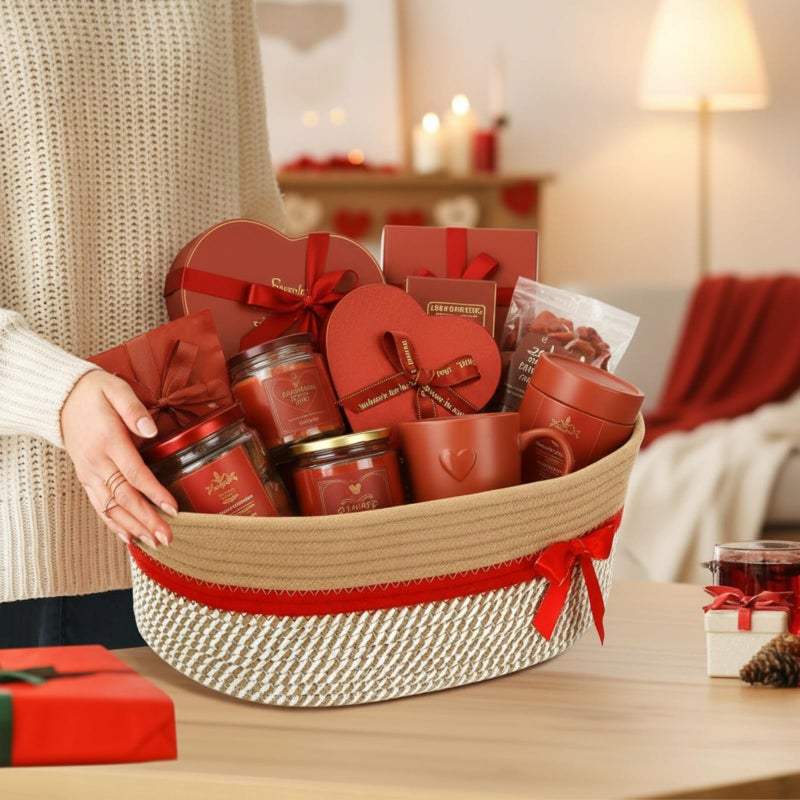 Colingmill Easter Woven Gift Basket Empty with Ribbons Bow Tie and Bag, Easter Empty Decorative Chest Box, Woven Rope Storage with Handles Home Decor(14 x 10 x 5.5 Inch,Brown Red) - Image 5