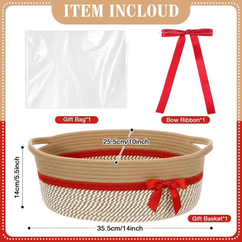 Colingmill Easter Woven Gift Basket Empty with Ribbons Bow Tie and Bag, Easter Empty Decorative Chest Box, Woven Rope Storage with Handles Home Decor(14 x 10 x 5.5 Inch,Brown Red) - Image 2