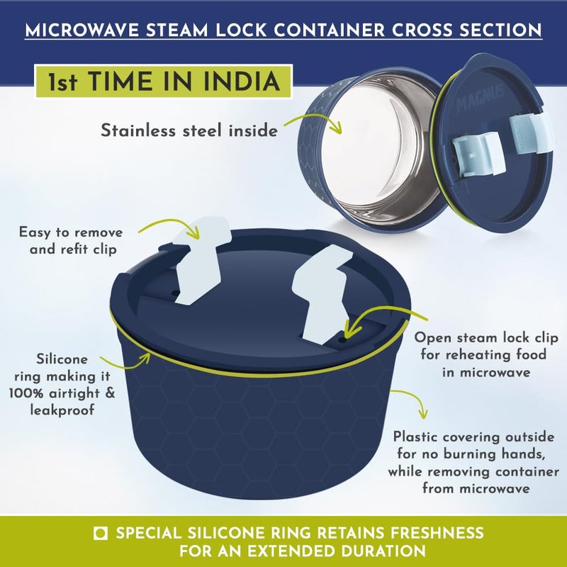 Magnus Microwave Olive 3 - Stainless Steel Lunch Box for Kids and Adults with 2 Steamlock Containers | Ideal Lunch Boxes for Office Men | Includes Roti Box, Steel Fork, and Spoon - Image 4