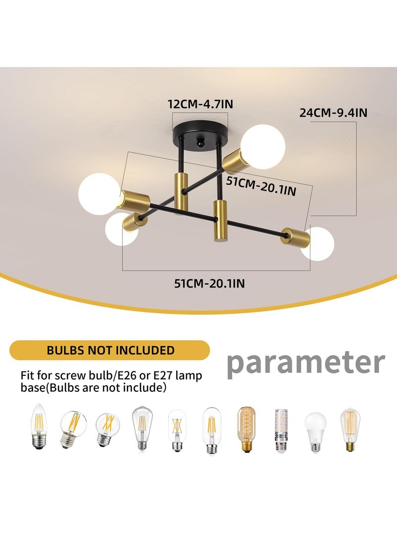 Ganeed Semi Flush Mount Ceiling Light Fixture,4-Light Gold and Black Modern Sputnik Chandelier Light Fixture, mid Century Light Fixture for Kitchen Dining Room Bedroom Foyer Entryway Hallway Closet - Image 3