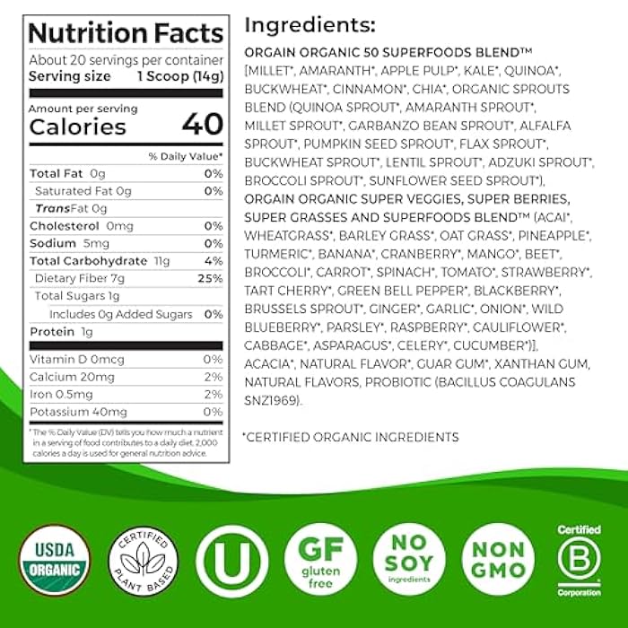 Orgain Organic Greens Powder + 50 Superfoods, Original - 1 Billion Probiotics for Digestive Health, Antioxidants, Vegan, Plant-Based, Gluten-Free, Non-GMO, Green Juice & Smoothie Drink Mix - 0.62lb - Image 2