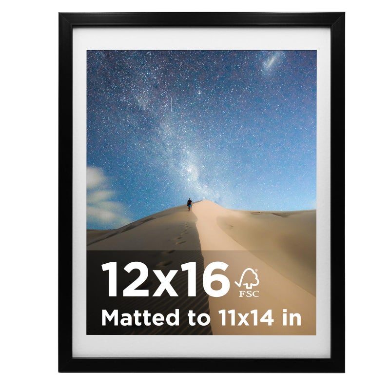 KINLINK 12x16 Picture Frame Black Set of 1 Wooden Photo Frame Matted 11x14 with Plexiglass for 11x14 with Mat or 12x16 without Mat for Table and Wall Display