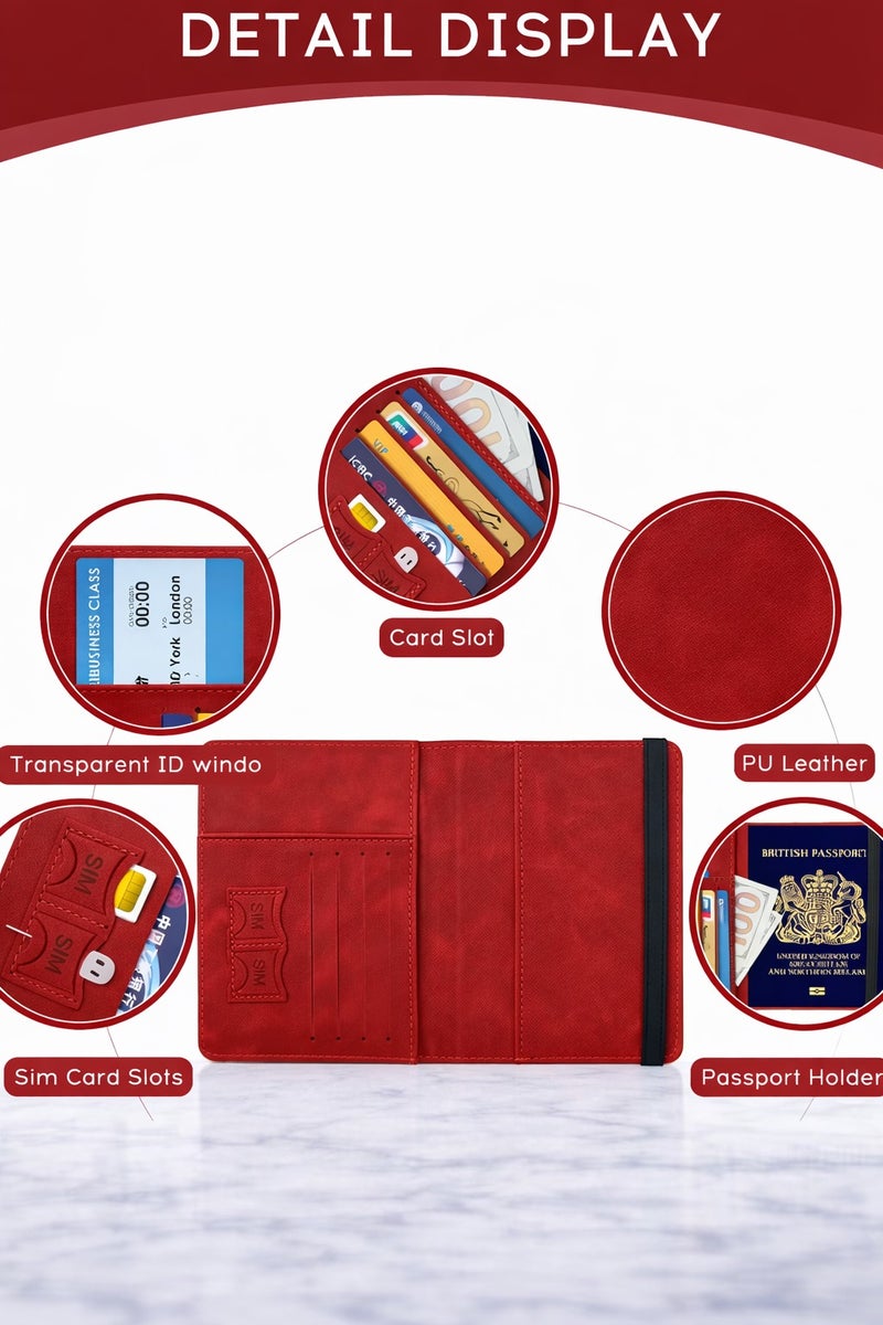 vsell24 Red Passport Holder Wallet Cover Case with RFID Blocking, PU Leather Travel Document Holder for Men & Women - Image 2