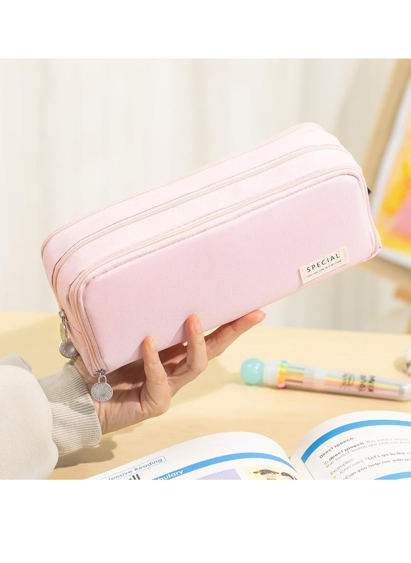 Generic - Large Capacity Pencil Case 3 Compartment Pouch Pen Bag for School Teenagers,Girls, Boys Men And Women,Convenient Storage Bag (Pink) - Image 1