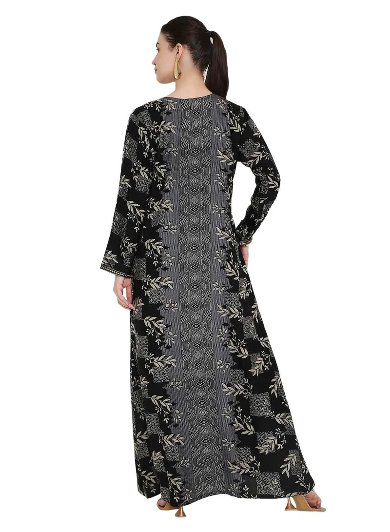 HANA & SARA Women's V-Neck Printed Jalabiya Maxi Kaftan | Traditional Arabic Abaya Style Dress