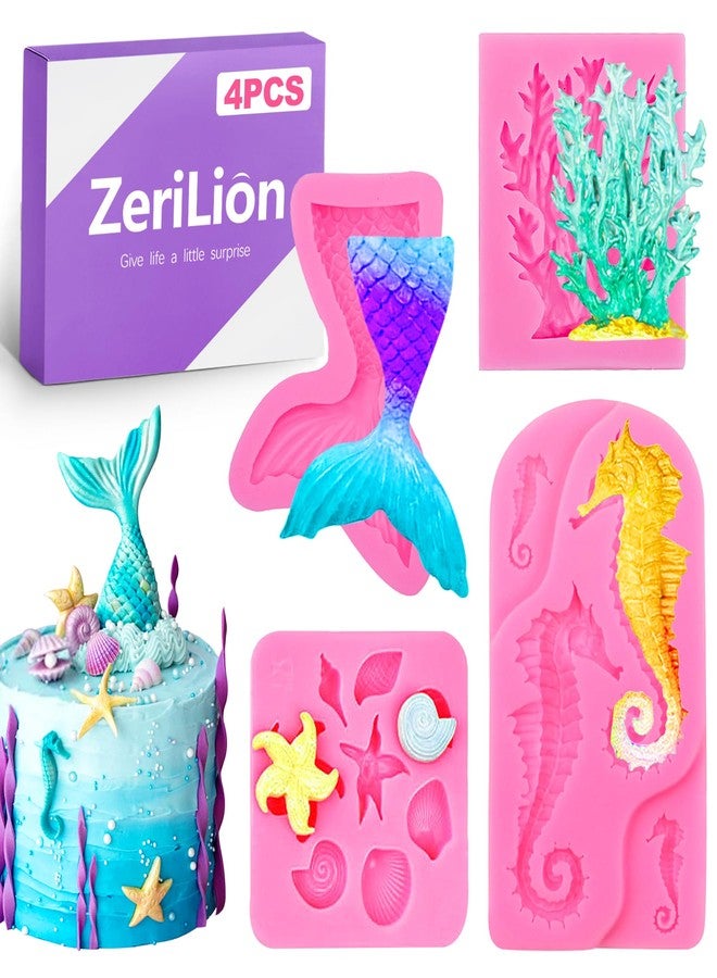 ZeriLion 4 PCS Ocean Theme Silicone Molds with Mermaid Tail, Coral, Seahorse & Starfish - Chocolate Molds Silicone Shapes for Cake Decoration DIY Handmade Baking Tools - Image 1