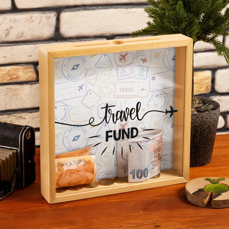هدية سيبتي Wooden Piggy Bank Box with Gift Basket Travel Fund Design